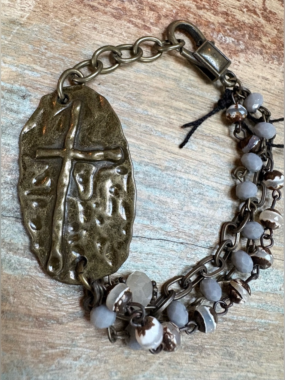 InspireDesign Antique Brass Cross Multi-Strand Beaded Bracelet